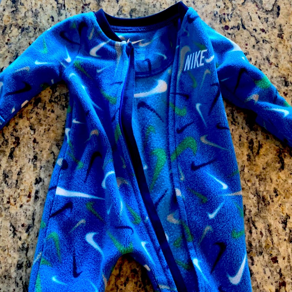 Newborn onesie with feet and mittens Nike blue and green